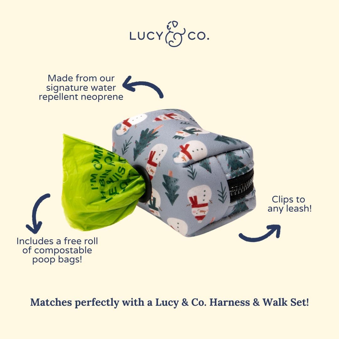 Lucy & Co. Dog Poop Bag Holder - Leak Proof Dispenser with Leash Attachment - Easy Refills - Hygienic Pet Poop Pickup- Gray & White Snowman