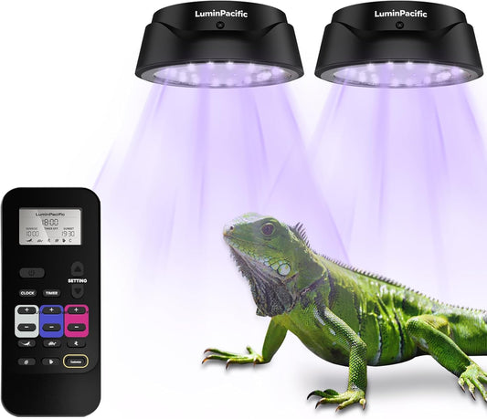 LED Reptiles Light with Remote, UVA UVB FR Lamp for Rainforest & Desert Reptiles, Ferguson Zones 1-4, Timer Switch, 10 Dimmable, for Bearded Dragon, Turtle, Frog, Snake, Plant (2 Pack)