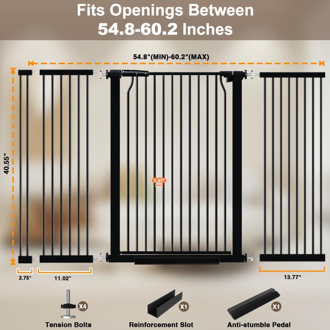 41" Extra Tall Dog Gate for Doorways Stairs, 54.8-60.2 in in Wide Baby Gates Walk Thru, No Drill Long Pet Gate for Doggie Puppy, Auto Close Large Child Safety Gate with Door Indoor, Black