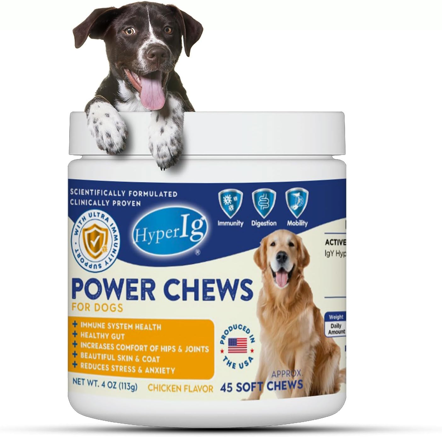 Dog Power Chews, 45 Soft Chews - Immune & Joint Support, Stress Relief, Anxiety, Skin & Coat Health, IgY Hyperimmune Protein Supplement for Mobility, Calming & Coat Health | Chicken Flavor - (113g)