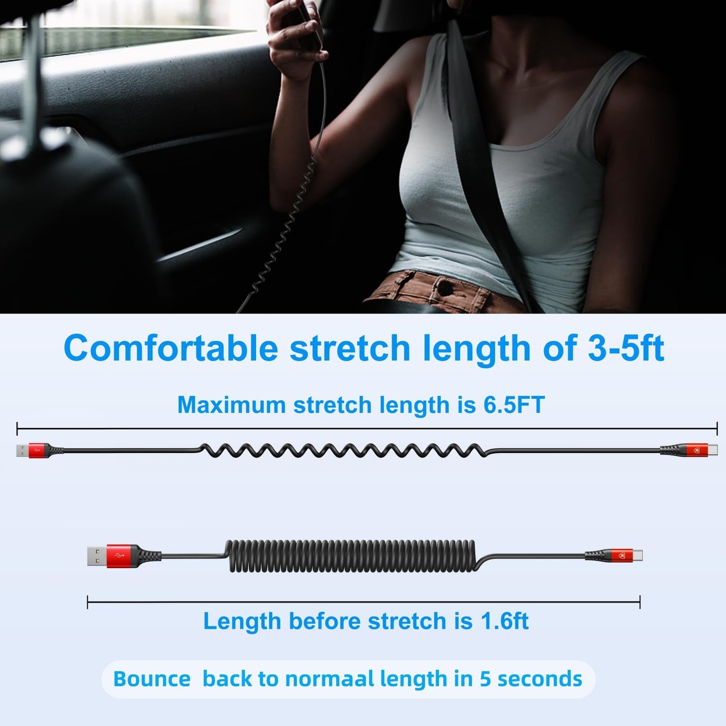 Coiled USB A to USB C Cable for Car 6FT 2Pack USB C Charger Cable Fast Charging Type C Charger Cord USB-C Cable Compatible with iPhone 17/16/15/Plus/Pro/Pro Max/Samsung Galaxy S23 A20 - Red