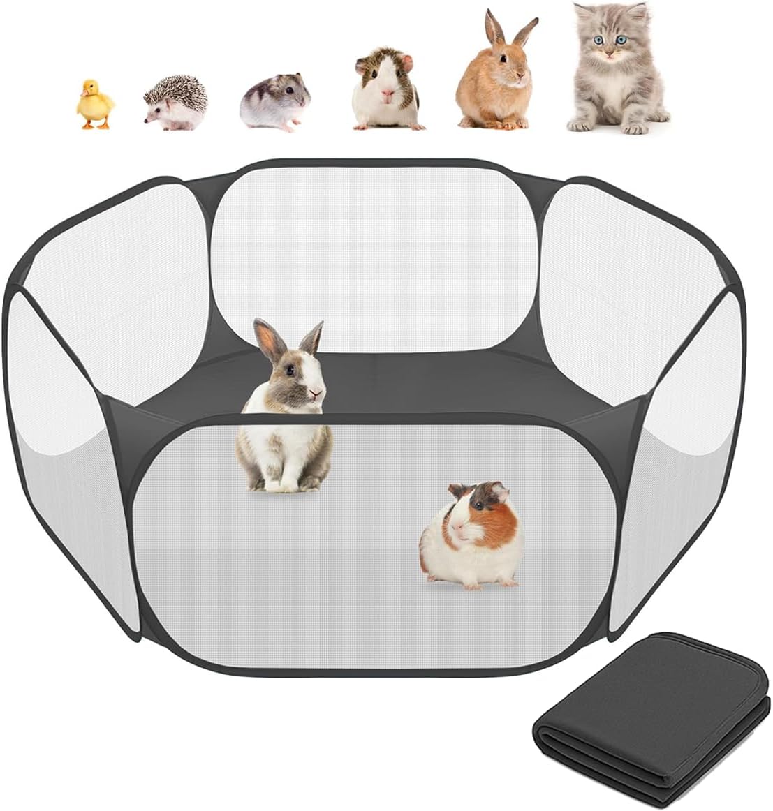 Amakunft 2 in 1 Small Animal Playpen with Waterproof Pad, Pop-Up Portable Play Yard for Guinea Pigs, Rabbits, Hamsters, Hedgehogs, Foldable Exercise Fence with Breathable Mesh for Indoor Outdoor Use