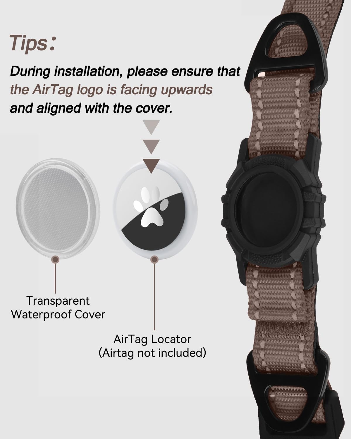 Joytale Airtag Dog Collar, Reflective Pet Collar with Waterproof AirTag Holder, Dual D-Rings, Soft Padded Adjustable for Large Dogs, Brown, L