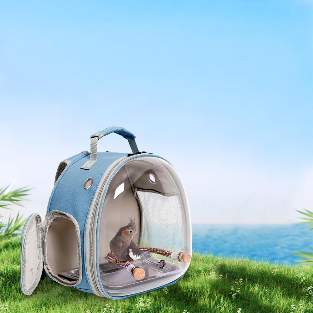 Small Bird Travel Backpack Carrier Cage, Backpack to Transport Backpack Carrier with Metal Tray Stand Perch for Parakeet Cockatiel Budgies Vet Carry Bag