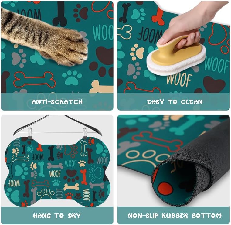 Dog Food Mats for Floors Waterproof, Pet Feeding Absorbent Water Bowl Mat Cat Placemats Green Bone Shape 23.6 * 15.7 inch