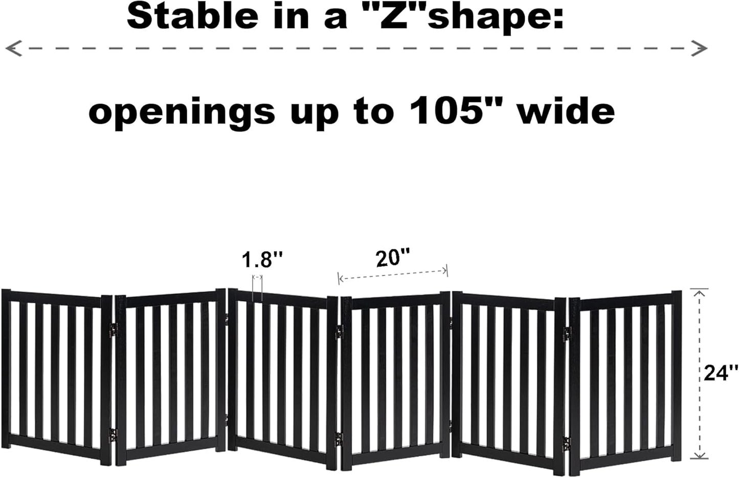 LZRS 6-Panel Extra-Wide Freestanding Wooden Dog Gate Indoor – 24”High Foldable Safety Pet Barrier for Doorways, Hallways, Kitchens, and Long Staircases, Durable Design fit Small to Medium Dogs, Black