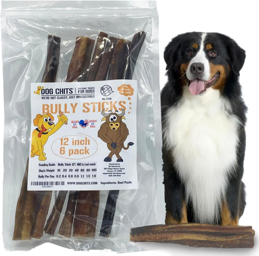 Dog Chits Bully Sticks for Dogs and Puppies | 12-inch, 6 Pack | Natural Healthy Long Lasting Chew for Large and Small Dogs Protein Treats | Odor Free