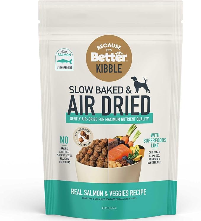 Because it's Better Slow Baked and Air Dried Dog Food, Real Salmon and Veggies, 1lb Bag, Complete and Balanced Dry Dog Food, for All Life Stages