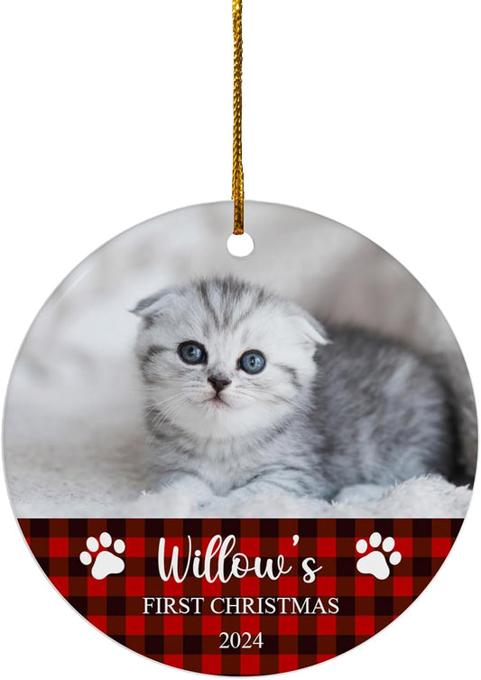 FLOCHIL Personalized Cat Christmas Ornaments Custom Photo Name for Christmas Trees, Cat First Christmas Ornaments, Gifts for Pet Lovers