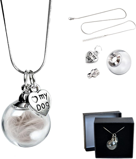 Dog Fur Memorial Necklace, Pet Hair Memorial Glass Ball Necklace with Love Pendant, Dog Ash Small Urn Jewelry (Glass Ball - Dog)