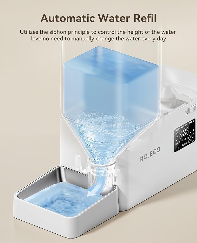 Rojeco 36Cups/8.5L Pet Automatic Cat Feeder and Gravity Water Dispenser,Stainless Steel Bowls 2-in-1 Set Large Capacity 5L Food Feeder and 3.5L Water Fountain for Cats,Pets,Small Dogs,Puppies,Kittens