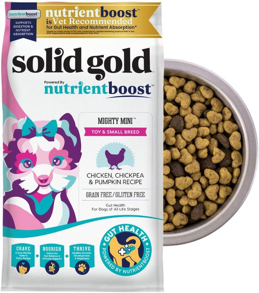 Solid Gold Toy & Small Breed Dry Dog Food Small Bites – Real Chicken, Grain Free Gluten Free, High Fiber Healthy Kibble w/Probiotics for Gut Health & Digestion Support– All Ages – NutrientBoost™ –11LB