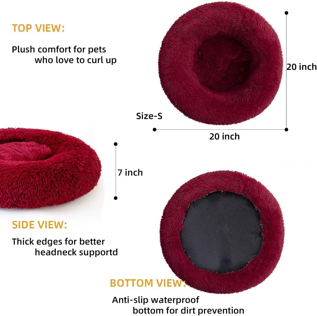 Cat Beds for Indoor Cats - Cat Bed Washable 20/24 inches, Dog Beds for Small Medium Dogs, Anti Anxiety Round Fluffy Plush Faux Fur Cat Bed, Thick Bottom (Red, Medium)