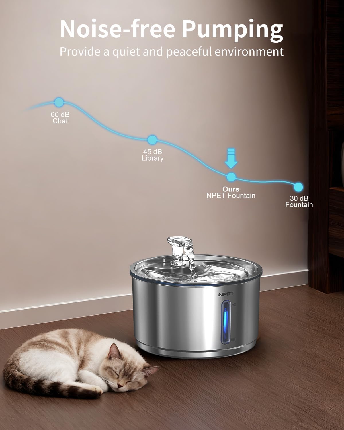 NPET Stainless Steel Cat Water Fountain, 1Gallon/135oz Automatic Pet Drinking Fountain Dog Water Dispenser Bowl with Water Level Window for Cats Indoor - WF210Plus