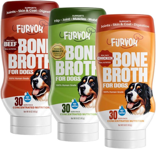 Beef, Chicken & Mobility Bone Broth Concentrate for Dogs - Collagen Protein, Amino Acids, Glucosamine for Digestion, Skin & Coat, Immune System, & Joint Support, Human Grade (3pk, 90 Servings)