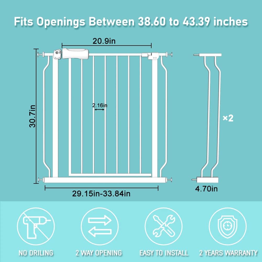 WAOWAO Baby Gate 38.58-43.27" Extra Wide Pressure Mounted Walk Through Swing Auto Close Safety White Metal Toddler Kids Child Dog Pet Puppy for Stairs,Doorways,Kitchen