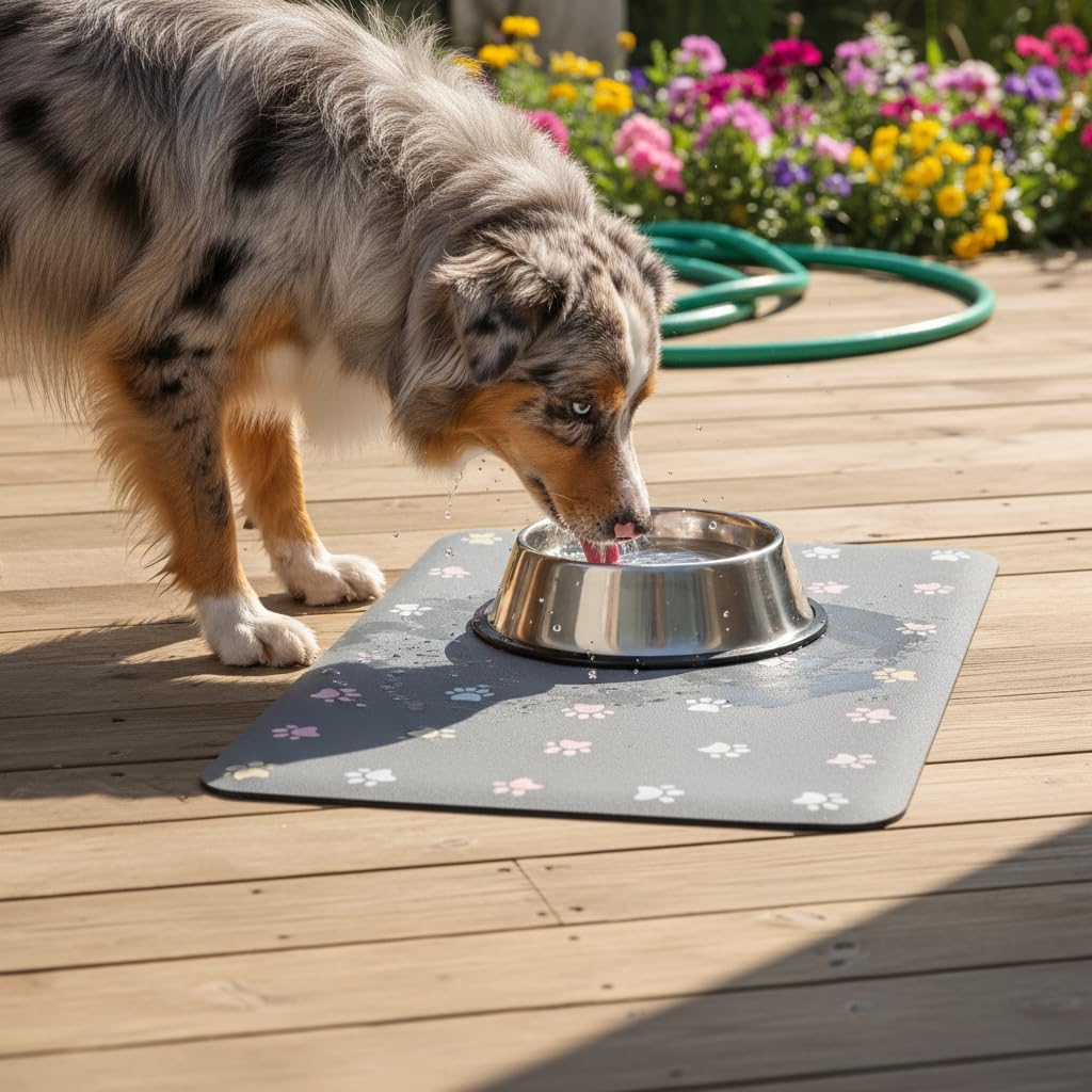Pet Feeding Mat Absorbent Dog Mat for Food and Water Non Slip Quick Dry Dog Bowl Mats for Floors 27" X 17" Paw Dark Gray