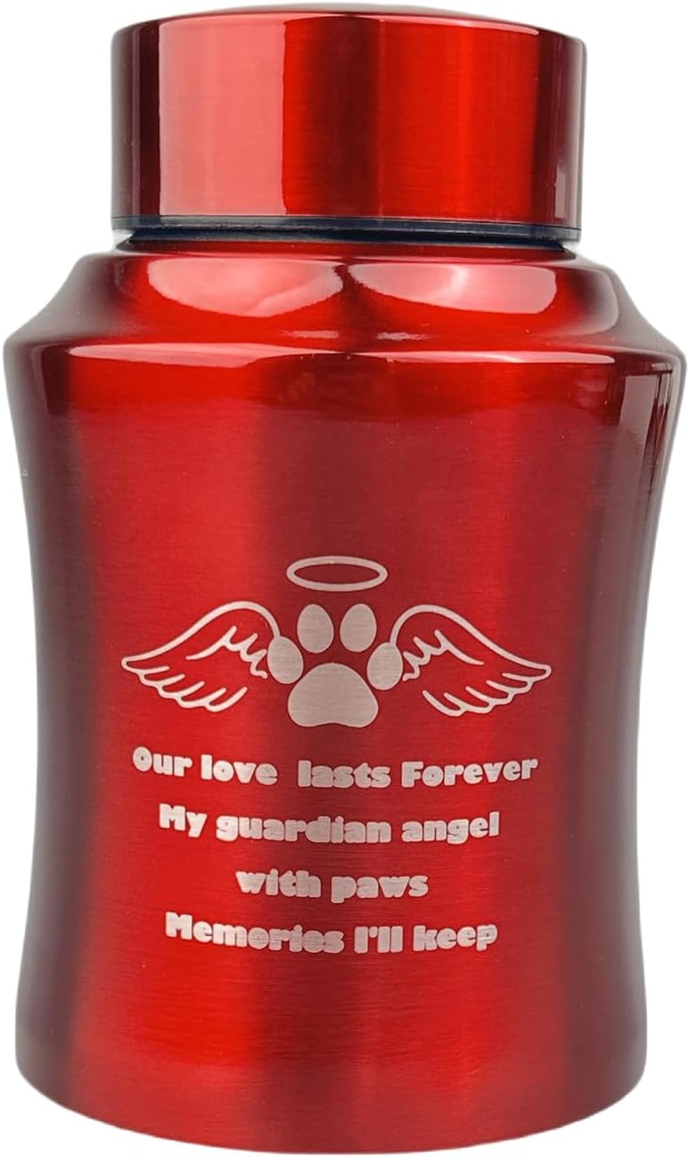 Medium Red Pet Cremation Urn – Aluminum Alloy Urn for Dog or Cat Ashes with Paw & Wings Design – Secure Screw Lid – Fits Pets up to 80 lbs – Memorial Ashes Container