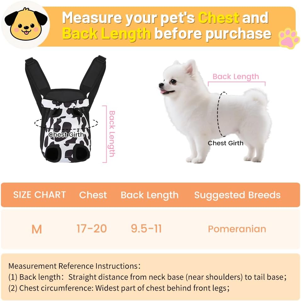 Inspack Dog Backpack Carrier/Cat Carrier, Adjustable Pet Front Carriers Travel Bag for Puppy Medium Dogs, Legs Out, Soft Ventilated Doggie Chest Carry Backpacks for Hiking/Camping, 4-7 lbs, Cow Print