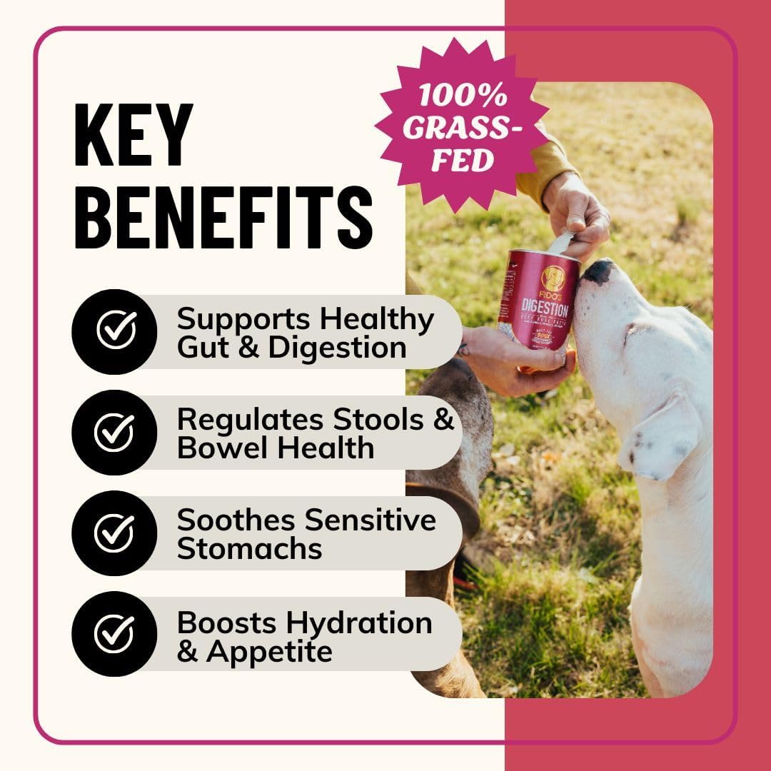 Fido's Digestion Bone Broth for Dogs - Grass-Fed Beef Bone Broth Powder & Organic Herbs - Supports Digestion & Gut Health - Dog Food Topper for Dry Food - 60 Scoops