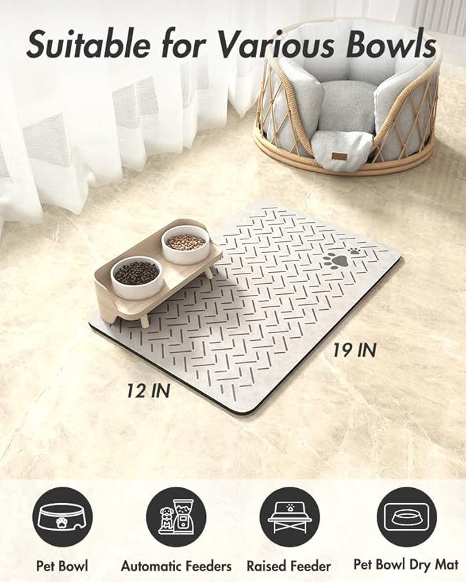 MontVoo-Absorbent Pet Feeding Mat-No Stains Quick Dry Dog Mat for Food and Water Bowl-Rubber Backing Dispenser Mat Accessories Supplies-Dog Bowl Messy Drinkers,Light Grey