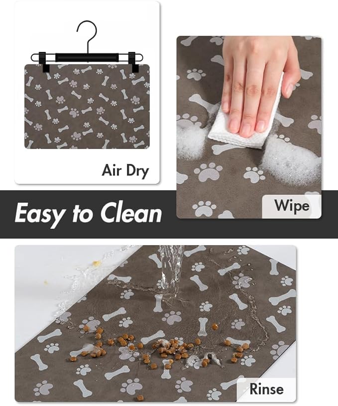 MontVoo Dog Food Mat-Pet Feeding Mat for Food and Water-No Stains Quick Dry Dispenser Cat Bowl Mat for Messy Drinkers(17"x28" Brown)