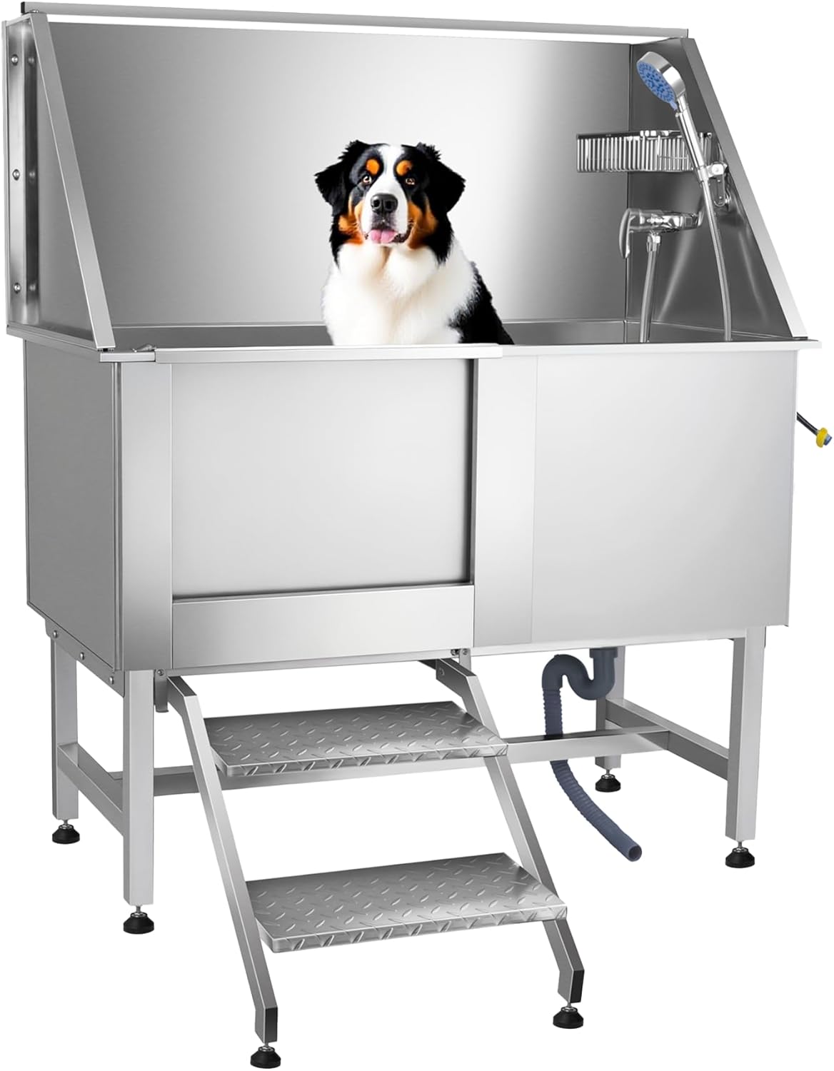 Professional Stainless Steel Dog Washing Station for Home, 50" Dog Bathtub for Large, Medium and Small Pet, Dog Grooming Tub with Anti-Slip Steps, Faucet, and Soap Box (Left Door)
