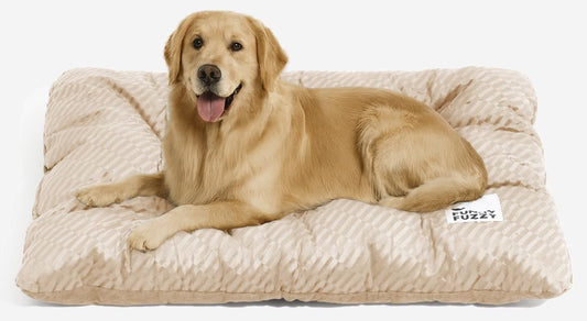 FUNNY FUZZY Washable Dog Bed,Reversible Plush Dog Crate Mat, Soft Fluffy Kennel Pad,Pet Sleeping Mattress for Jumbo,X-Large Sized Dogs Breeds,2XL,48"× 31",Beige