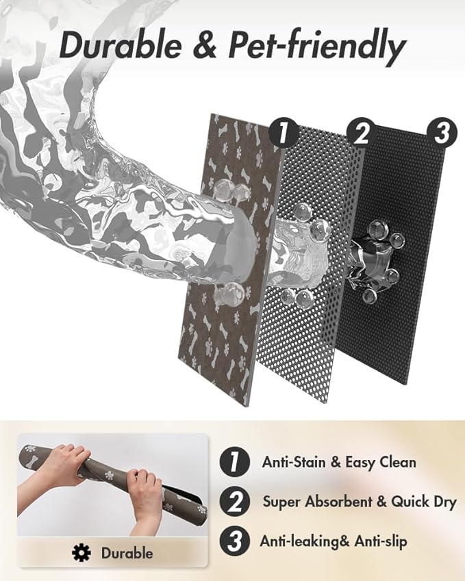 MontVoo Dog Food Mat-Pet Feeding Mat for Food and Water-No Stains Quick Dry Dispenser Cat Bowl Mat for Messy Drinkers(17"x34" Brown)