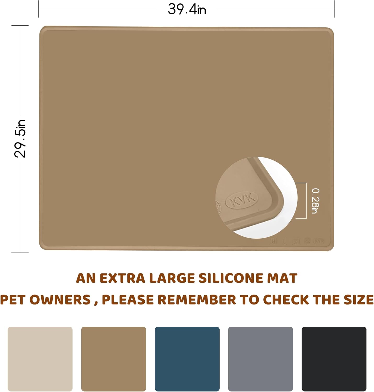 Dog Food Mat, 39.4×29.5in Extra Large Silicone Pet Feeding Mat - Waterproof, Non - Slip, Chew - Resistant for Food & Water, Protect Floors (Brown)