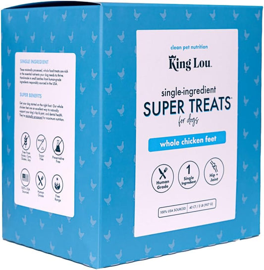 King Lou Pets - Whole Chicken Feet for Dogs - Dog Treats - Small to Large Dogs - USA-Made Dehydrated Chicken Feet Treats - Collagen, Glucosamine, Chondroitin for Hip and Joints - 40 Count
