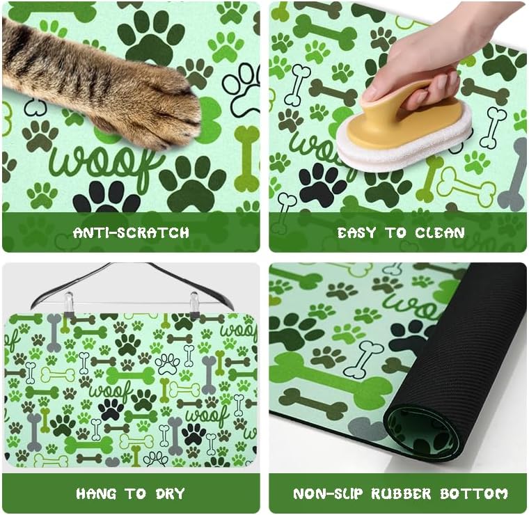 Dog Food Mats for Floors Waterproof, Pet Water Bowl Mats Pet Feeding Absorbent Placemats Green 12 * 20 inch
