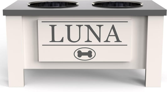 GrooveThis Woodshop - Personalized Elevated Dog Bowl Stand for Large, Medium, Small, X-Small Dogs - Stainless Steel Food and Water Bowls - Raised Dog Dish with Internal Storage (Medium, Grey)