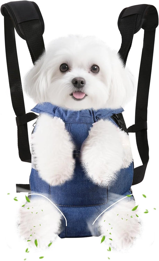 Inspack Dog Backpack Carrier/Cat Carrier, Adjustable Pet Front Carriers Travel Bag for Puppy Med Dogs, Legs Out, Soft Ventilated Dog Chest Carry Backpacks for Hiking/Camping, 2.5-4 lbs, Indigo Denim