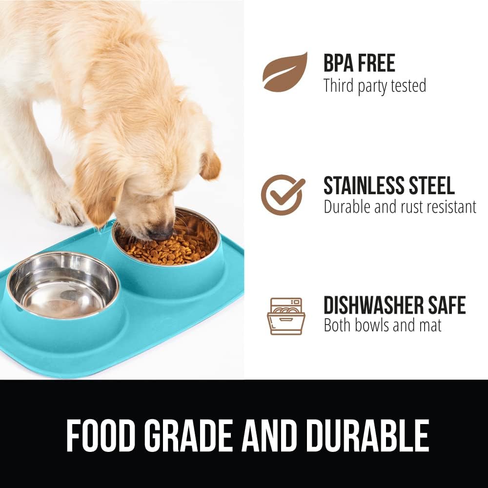GORILLA GRIP Feeding Mat Set, Patent Pending 100% Waterproof BPA Free Silicone, Stainless Steel Cat and Dog Bowls, Slip Resistant, Edges Catch Water, Food, US Designed Pet Accessories, 2 Cup Turquoise