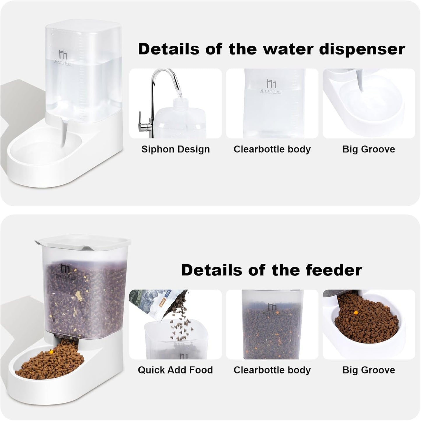 Marchul Dog Feeder and Water Dispenser, Automatic Gravity Dog Food Dispenser with Silicone Mat, Pet Food Dispenser Set for Small Medium Dogs Puppy Kitten