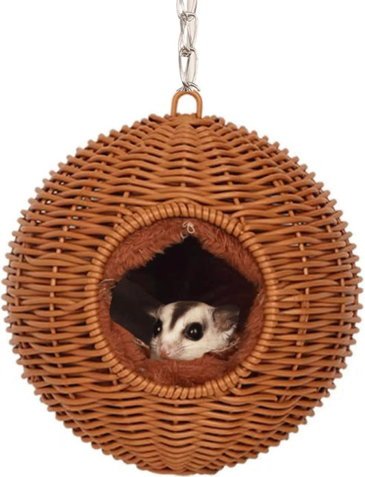 Sugar Glider Woven Spherical Nest for All Seasons Small Animal Bed Nest Hanging Hammock Bed Comfortable Fit Squirrel Sugar Glider Gerbil Rat Hamster Bird Parrot (Brown)
