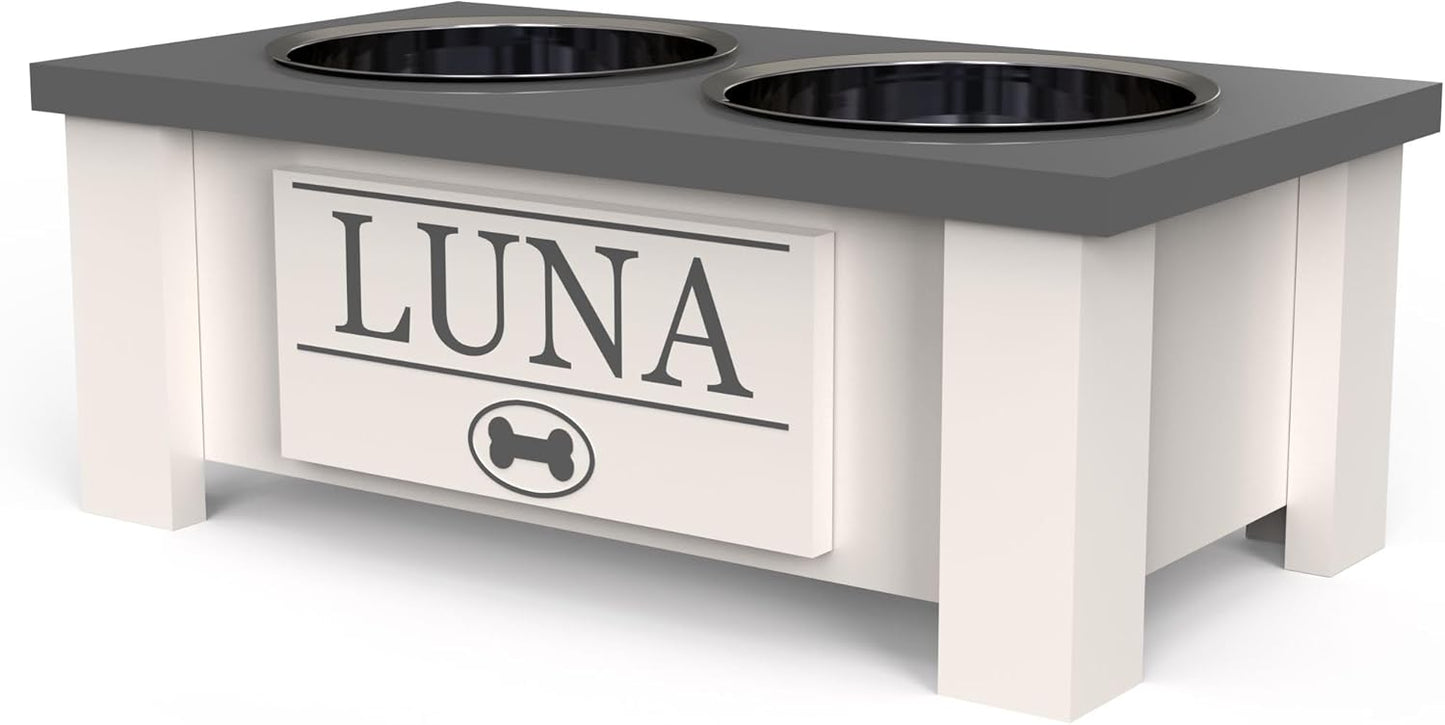 GrooveThis Woodshop - Personalized Elevated Dog Bowl Stand for Large, Medium, Small, X-Small Dogs - Stainless Steel Food and Water Bowls - Raised Dog Dish (Small, Grey)