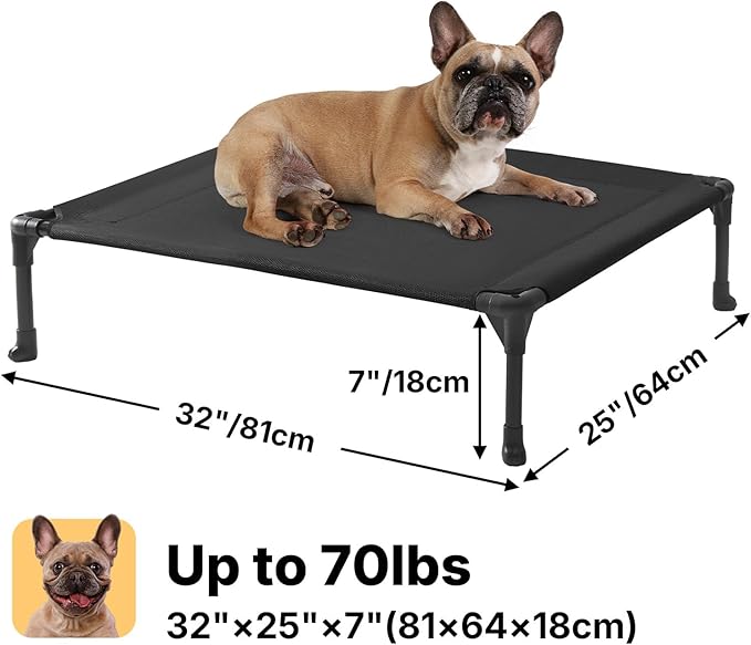 Veehoo Outdoor Elevated Dog Cot Bed, Cooling Raised Pet Bed for Medium Dogs, Washable Breathable Mesh Hammock Bed with No-Slip Feet, Indestructible Ground Off Training Platform Cot-32"x25" Black
