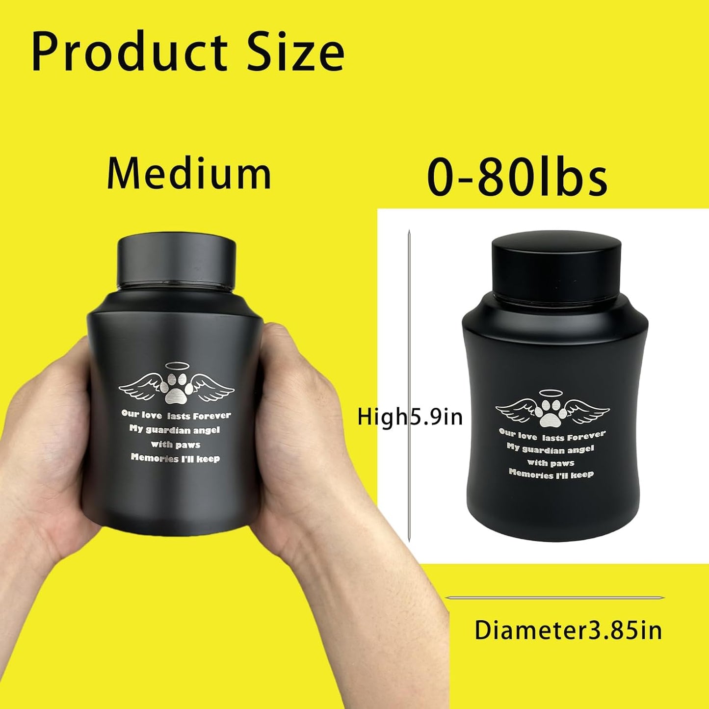 Black Stainless Steel Pet Urn for Ashes – Medium Cremation Urn for Dogs and Cats, Holds Up to 80 lbs, Engraved Paw Print with Angel Wings, Pet Memorial Keepsake