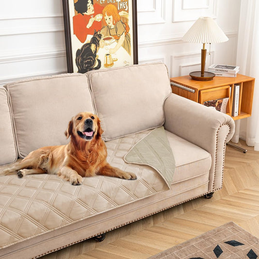 fuguitex Waterproof Dog Blanket Reversible for Small Dogs Resistant Leakproof Washable Couch Cushion Bed Protector Cover for Indoor Furniture Pet Friendly（30"*90",Beige+Khaki