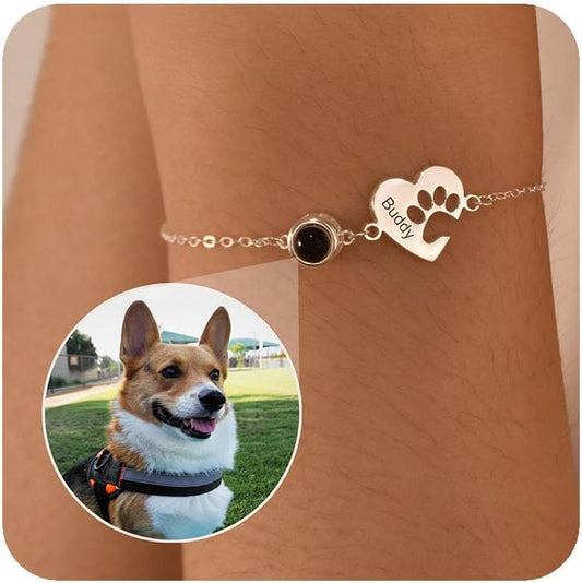 Personalized Pet Name Bracelet Dog/Cat Paw Bracelet Animal Friendly Jewelry Custom Pet Lover Gift Photo Projection Bracelet for Women Mom