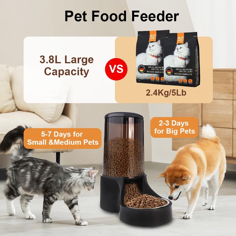 Automatic Cat Feeder, 3.8L Large Gravity Cat Food Dispenser with Detachable Top Lid, Visible Bottle and Stainless Steel Bowl for Pets (Full Black)