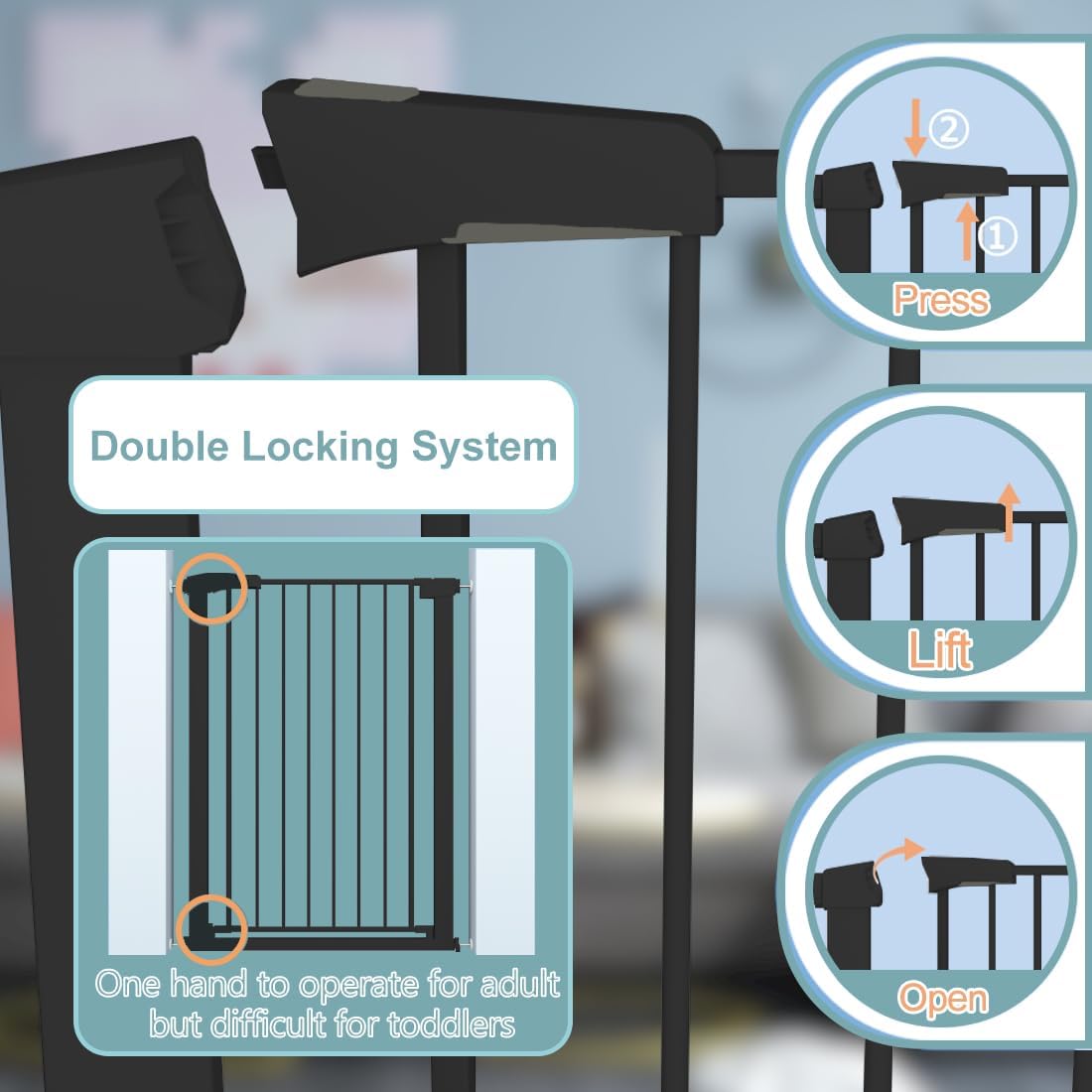 Fairy Baby 38" Extra Tall Baby Gate No Drill, 29.5"-32.2" Extra Wide Wide Dog Gate Indoor, Metal Pressure Mounted Safety Child Kid Gate, Auto Close Pet Puppy Cat Proof Gate for Stairs Doorway, Black