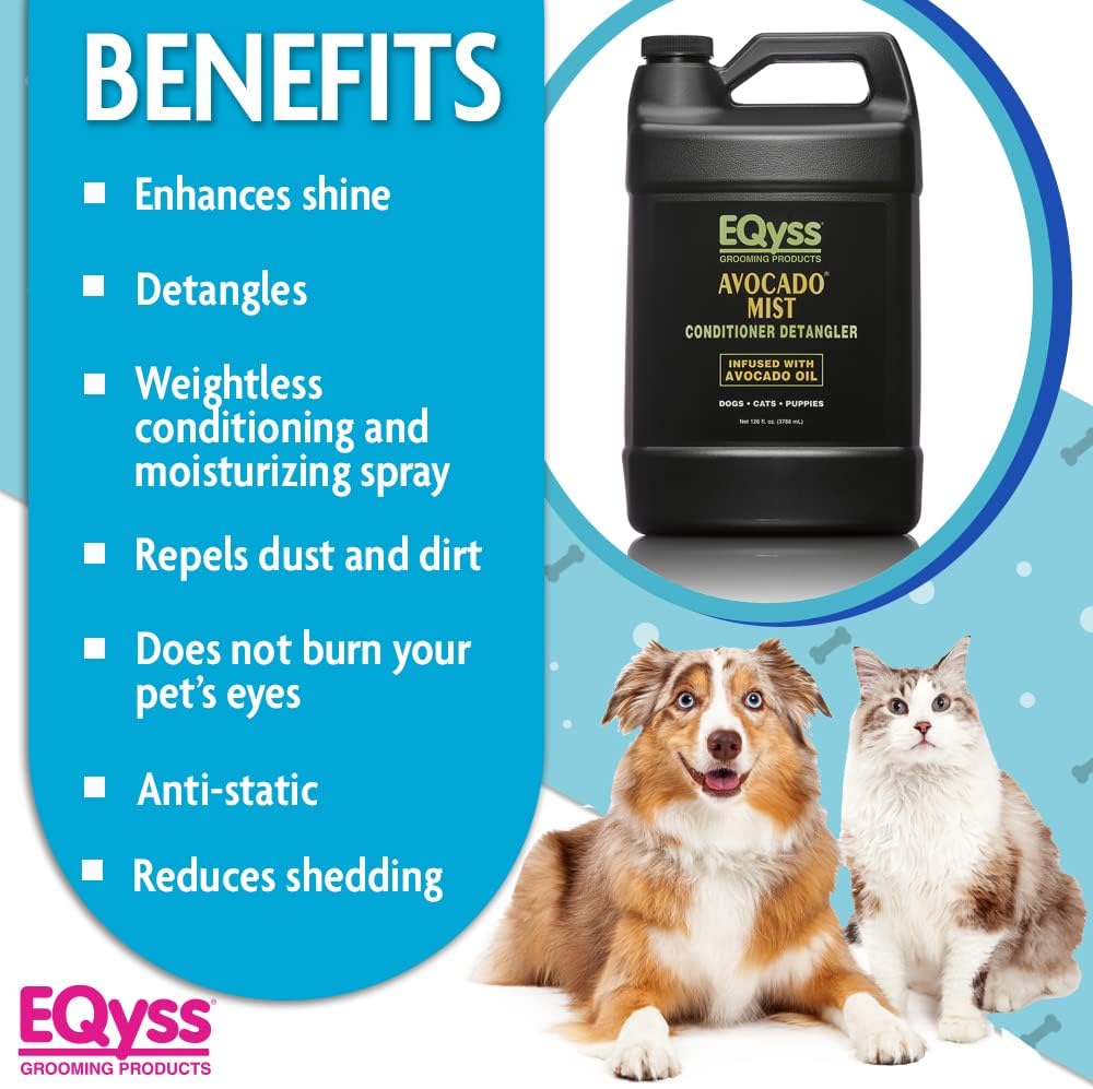 EQyss Avocado Mist Pet Spray Conditioner - Shines, Conditions, and Reduces Shedding, Weightless Leave in Spray - for Dogs, Cats, Puppies - Oil and Silicone Free, pH Balanced, USA Made (128 oz)