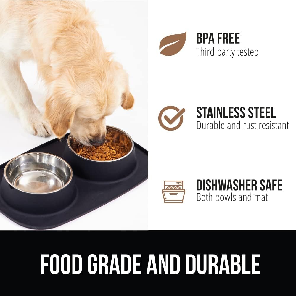 GORILLA GRIP Feeding Mat Set, 3 Cup, Patent Pending 100% Waterproof BPA Free Silicone, Stainless Steel Cat and Dog Bowls, Slip Resistant, High Edges Catch Water Food, US Designed Pet Accessories Black