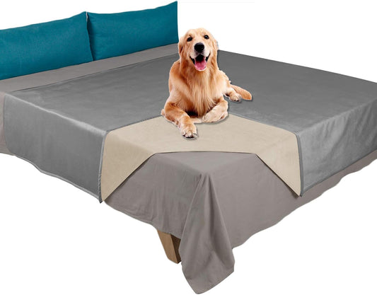 Ameritex Pet Bed Blanket Reversible 100% Waterproof Velvet Super Soft for Sofa and Bed (82x82 Inches, Light Grey+Beige)