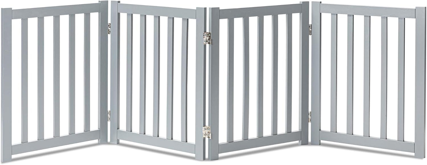 LZRS 4-Panel Wooden Free Standing Foldable Dog Gate Indoor – 24" High, Extra Wide Step-Over Safety Pet Gate for Doorways, Stairs, Hallways, Large Spaces & Playpen for Puppies Indoor Use, Grey