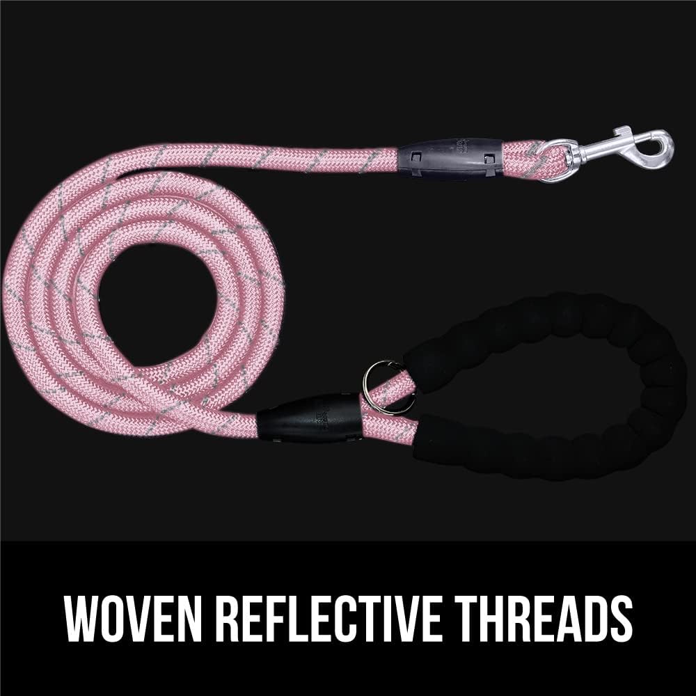 GORILLA GRIP Dog Leash, Heavy Duty Reflective Rope Leashes for Large, Medium, Small Breed Dogs, Puppy Training Essential for Walks, Hikes, Soft Handle, Rotating Metal Clip, Waste Bag Dispenser, Pink
