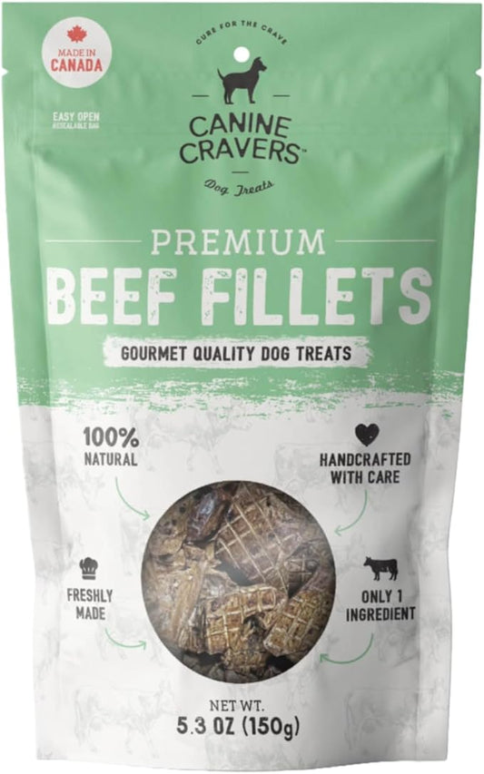 Canine Cravers Single Ingredient Dog Treats – Premium Beef Fillets - Human Grade Air Dried Hypoallergenic Pet Food – Grain, Gluten, and Soy Free – 100% All Natural - 5.3 oz